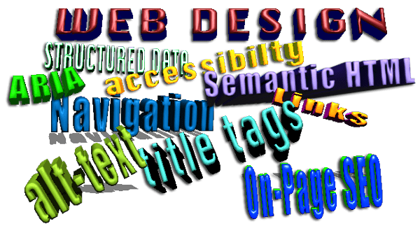 Website accessibility, functionality, design, seo text intertwined and embossed.
